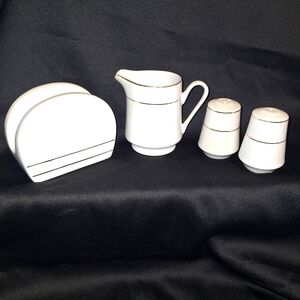 Kitchen Set~Napkin Holder~Creamer~Salt & Pepper Shaker~Gold Pin Lines~China